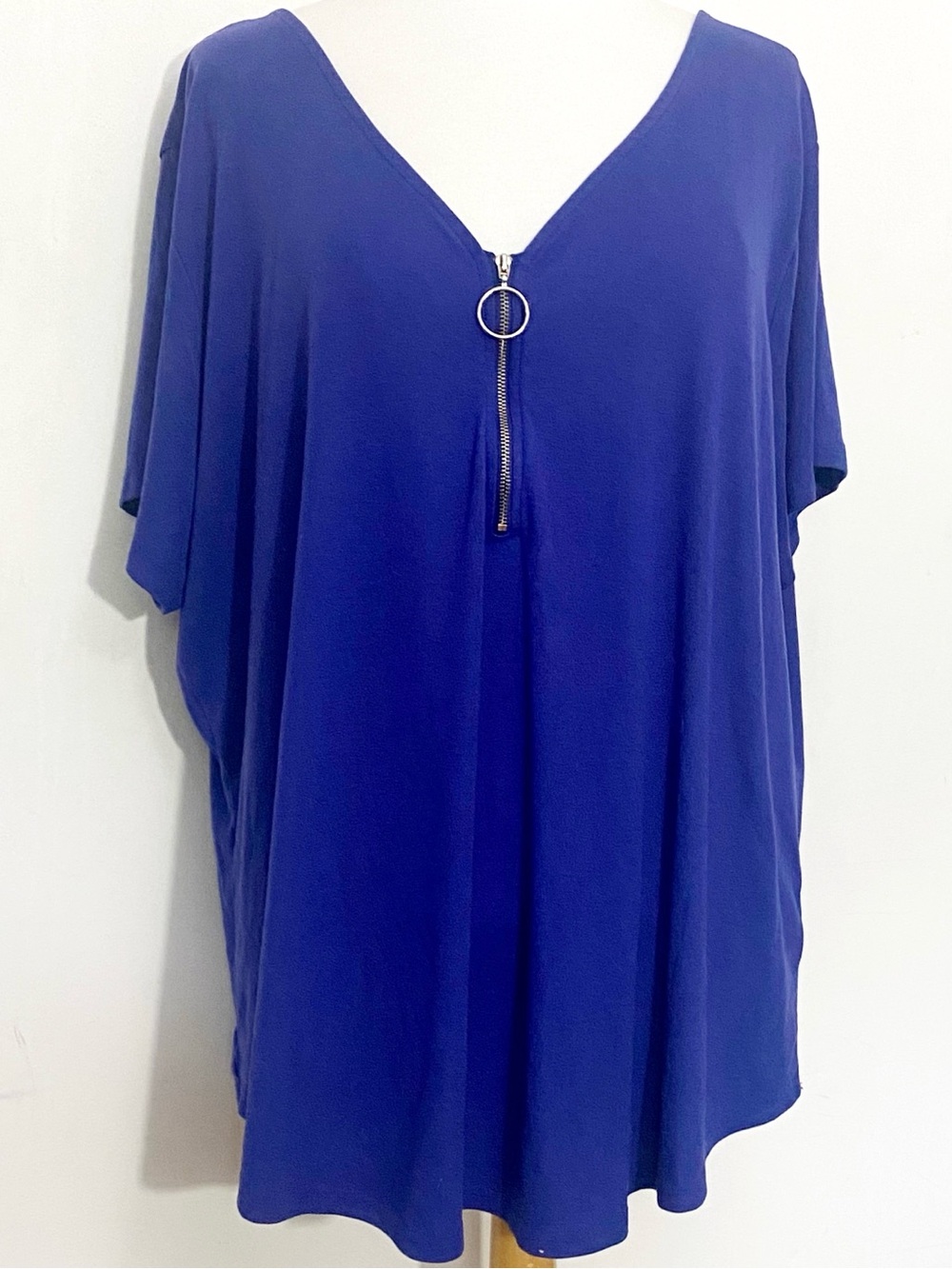 Women’s V-Neck Short Sleeve Top with Zip Detail - Cobalt Blue 3X